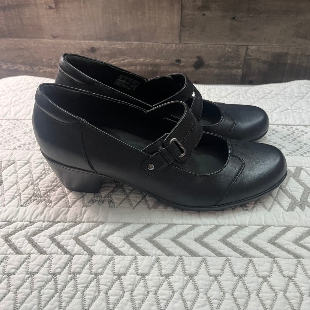 Clarks Womens Black Leather Mary Jane Block Heel Pumps Shoes Business office 8